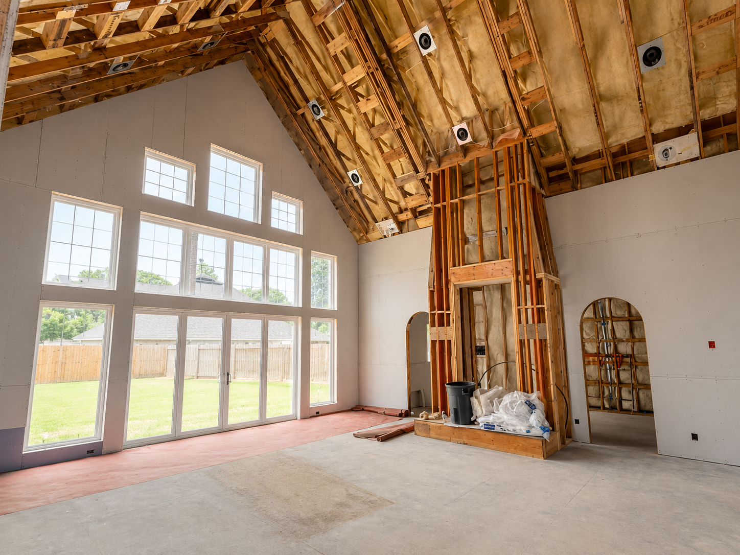 Custom home great room with vaulted ceiling hung and finished before paint
