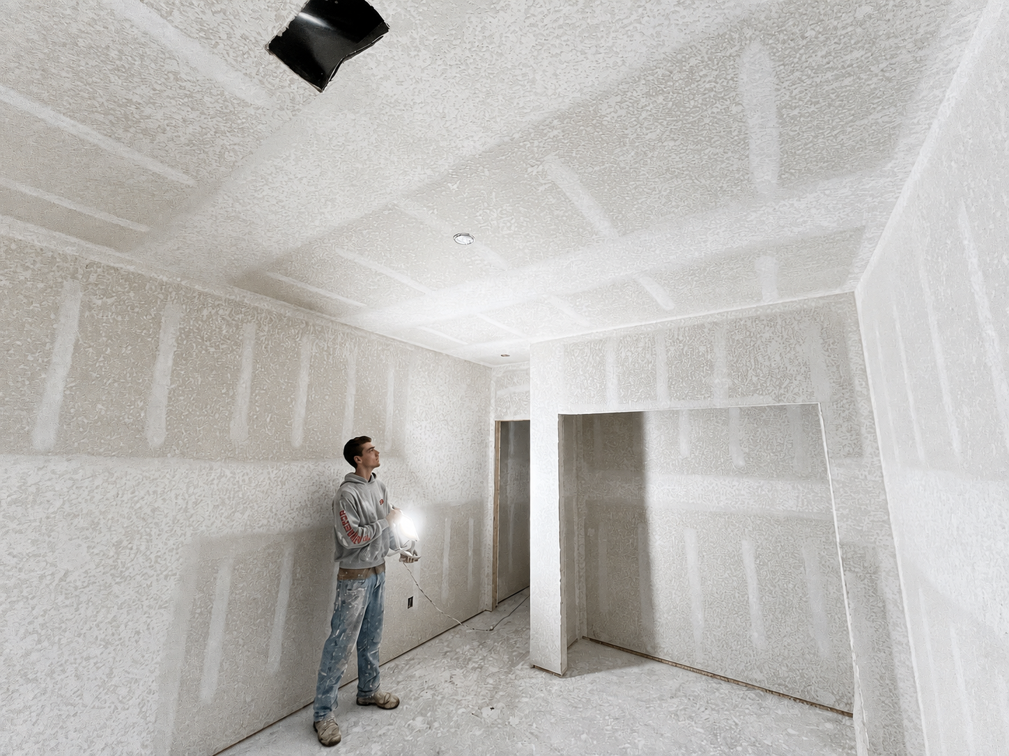 Textured walls and ceiling checked under raking light before paint