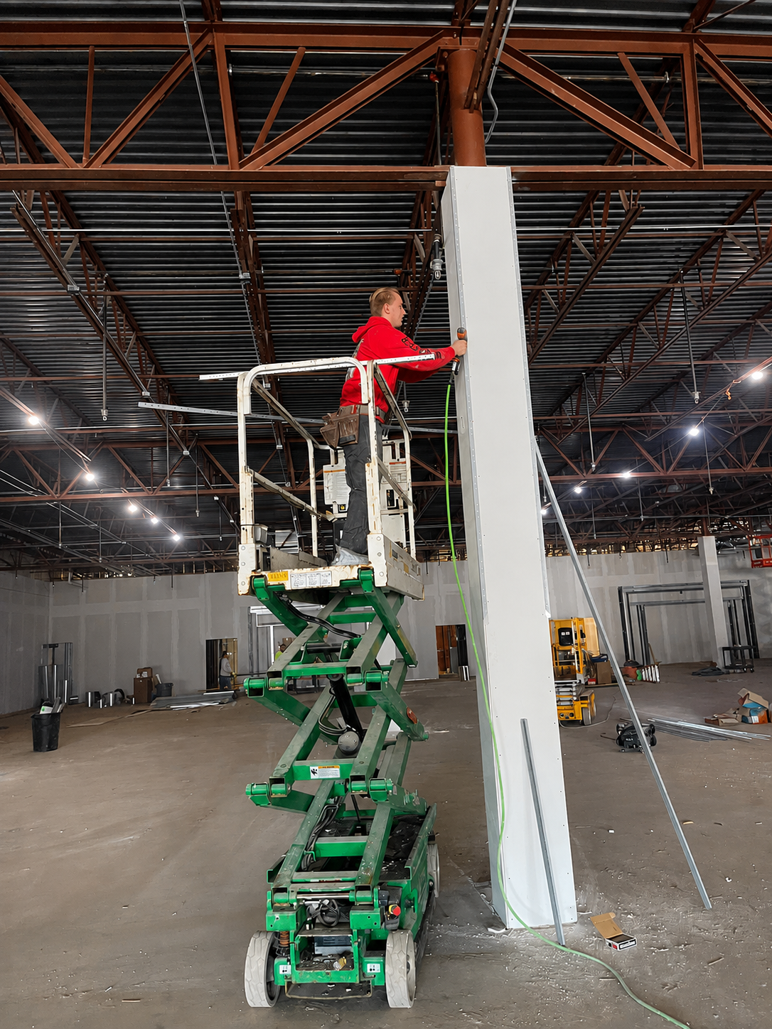 Commercial buildout — open interior with metal stud framing