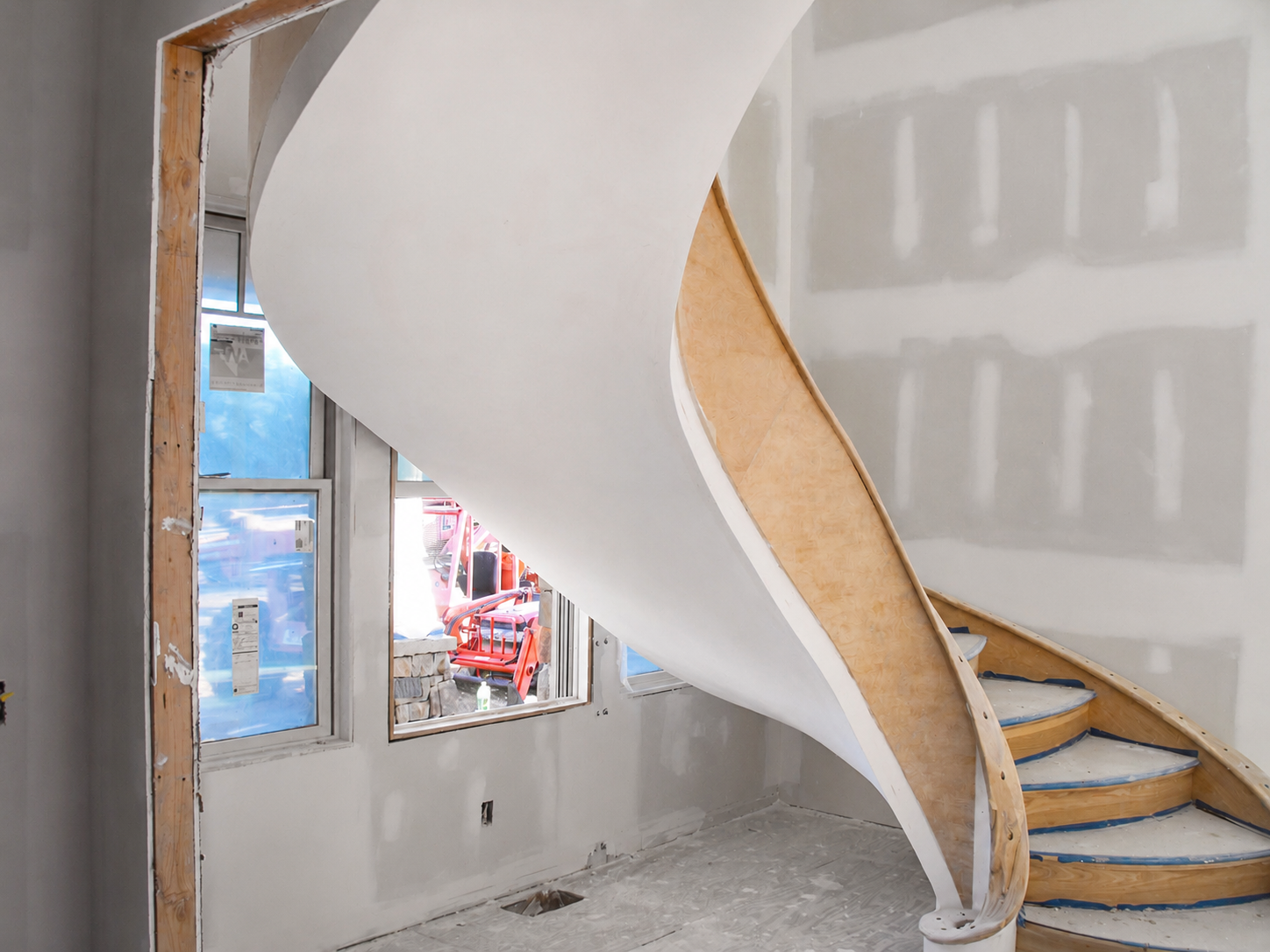 Curved drywall detail wrapping a spiral staircase, finished smooth
