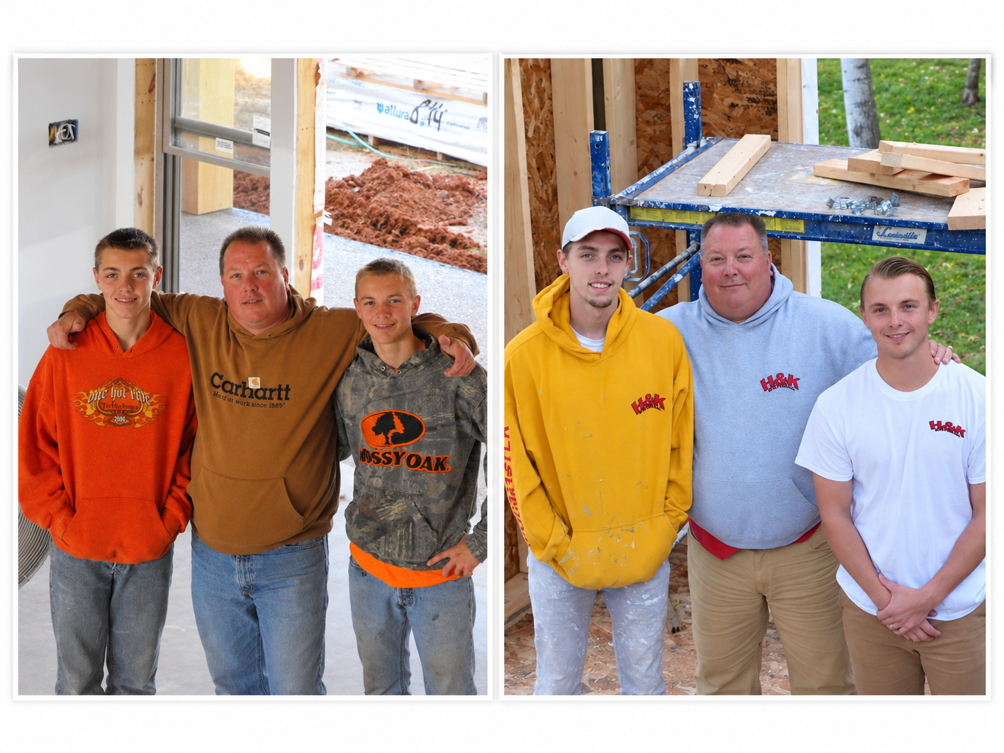 H&K Drywall Finishing then and now — the owner with his sons on early job sites, and together as today's crew